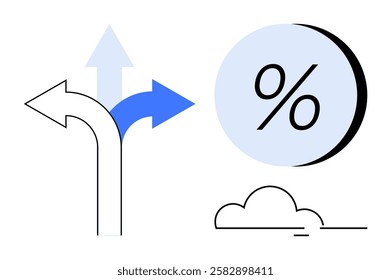 Three arrows pointing in different directions, a large percentage symbol within a circle, and a small cloud. Ideal for finance, decision making, business growth, forecasting, planning, strategic