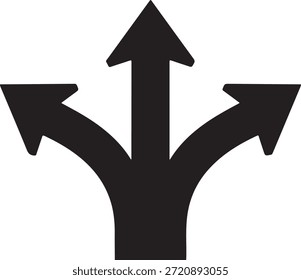 Tres flechas apuntando en diferentes direcciones formando un símbolo de navegación que indica múltiples opciones o caminos para elegir con un diseño simple y limpio sobre un fondo blanco.