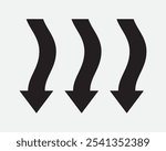 Three Arrows Pointing Point Wavy Curve Flow Descend Downwards Underneath Under Below Direction Path Navigate Black White Vector Sign Icon Shape Outline