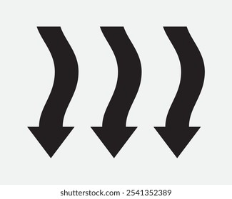 Three Arrows Pointing Point Wavy Curve Flow Descend Downwards Underneath Under Below Direction Path Navigate Black White Vector Sign Icon Shape Outline