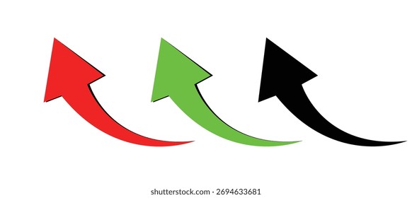 Three arrows pointing upwards in red, green, and black isolated on white background, symbolizing growth, progress, and direction in a clean and modern design