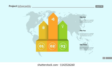 Three arrows process chart slide template. Business data. Infochart, diagram, design. Creative concept for infographic, presentation, report. Can be used for topics like marketing, logistics, research