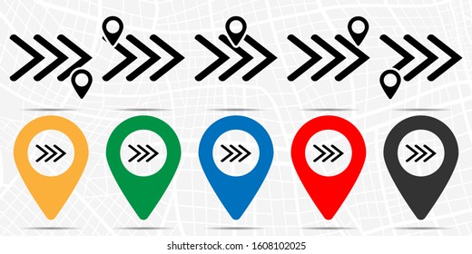 Three arrows to the right icon in location set. Simple glyph, flat illustration element of arrow theme icons