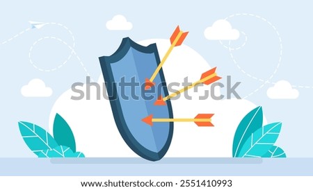 Three arrows stuck in shield. Shield protection from threats, security attack or business risk, insurance or  protect from threatening concept, shield to protect from bow arrows. Vector illustration