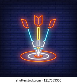 Three arrows in target. Illustration of dart board, three arrows on dark brick blue background. Can be used for bars, entertainment, advertisement, night club, games