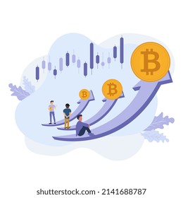 Three arrows for trending up of bitcoins in blockchaines. three men trading on cypto chart, holding bitcoins currency on up trend arrow and chart design vector,illustration