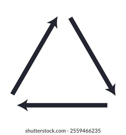Three arrows triangle clockwise cycle. Recycle, repeat, refresh. Flat vector illustration isolated on white background.
