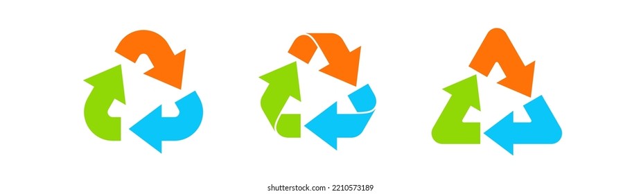 Three arrows triangle rotation. Circulation and recycling concept. Three types icons.