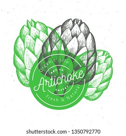 Three artichokes. Hand drawn vector food illustration. Engraved style vegetable. Vintage botanical picture.