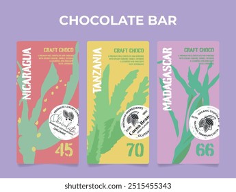 Three artisan chocolate labels display colorful designs representing Nicaragua, Tanzania, and Madagascar, highlighting organic ingredients and craft chocolate details.
