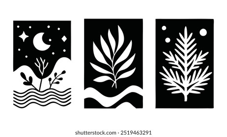 Three artistic black and white posters depicting plants alongside star designs, offering a unique visual aesthetic flat vector illustration