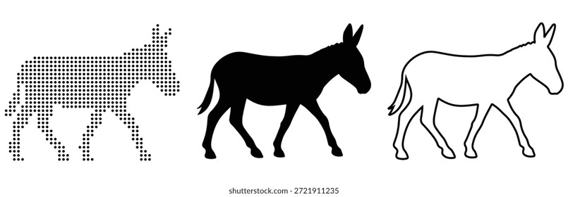 Tres representaciones artísticas de un burro caminante que incluyen estilos pixelados, siluetas y contornos
