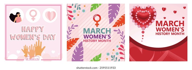 Three artistic designs celebrating Women's Day and Women's History Month. Showcasing empowering symbols, vibrant colors, and thematic elements symbolizing unity, empowerment.