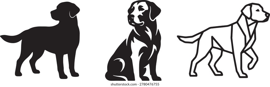 Three artistic representations of a Labrador Retriever dog, including a simple silhouette, a detailed black and white drawing, and a minimalist geometric outline, isolated on white, showcasing diverse design styles.