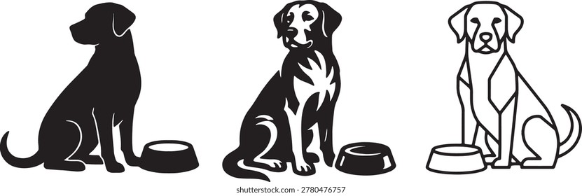 Three artistic representations of a Labrador Retriever dog sitting beside a food bowl, featuring a silhouette, a detailed black and white drawing, and a minimalist outline, isolated on white, perfect for pet-related designs.