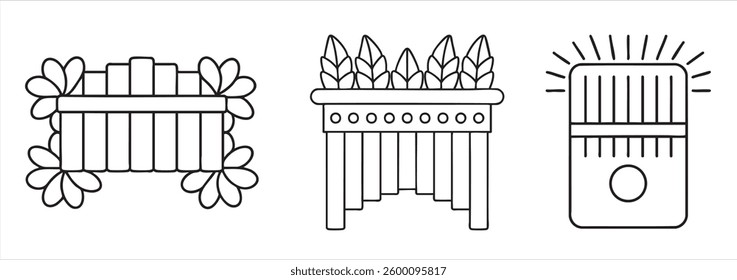 Three artistic representations of musical instruments in a simple, line-drawn style.