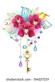 Three artistically painted, pink orchids with golden leaves and gold chains decorated glass blue and purple beads.