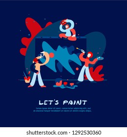 Three artists paint a large picture on canvas with oil paints. They are holding a brush and a palette. Splashes of flowers fly in different directions. Vector flat illustration on blue background.