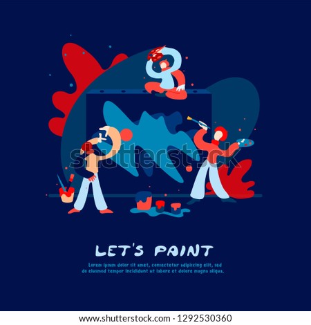 Three artists paint a large picture on canvas with oil paints. They are holding a brush and a palette. Splashes of flowers fly in different directions. Vector flat illustration on blue background.