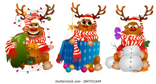 Three artoon Christmas deer. Deer wishes Merry Christmas. Animal holiday cute deer entangled in a garland makes a snowman, decorates a Christmas tree, sits in a gift box. Vector illustration