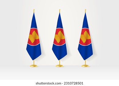 Three ASEAN flags in a row on a golden stand, illustration of press conference and other meetings. Vector illustration.