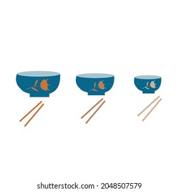 Three Asian bowl Decorated with  Blossom Flowers and Chopsticks Vector illustration.