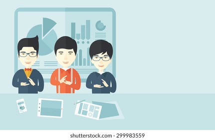 Three asian men speakers clapping their hands for a successful business financial presentation with tablet, smartphone and a paper as their guide. Teamwork concept. A contemporary style with pastel