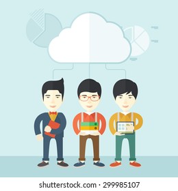 Three asian men standing under the cloud holding book files, notebook and tablet ready for their business presentation. A contemporary style with pastel palette soft blue tinted background with