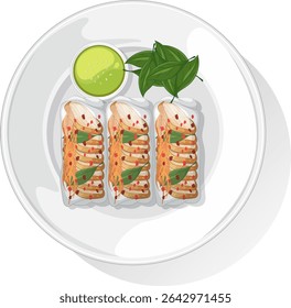 Three Asian spring rolls with herbs and sauce on a white plate. Clean vector style with vibrant colors