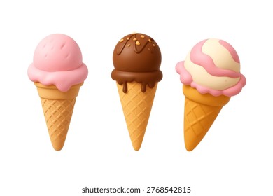 Three assorted stylized 3D rendered ice cream cones with pink chocolate and vanilla flavors