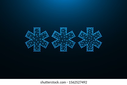 Three asterisk low poly design, abstract geometric template, password sign wireframe mesh polygonal vector illustration made from points and lines on dark blue background