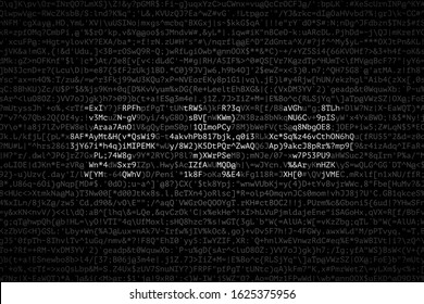 Three asterisks as symbol of password are formed by white groups of symbols over many different symbols. Concept of password creating, password-protected data, information security. Monochrome