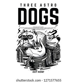 Three Astro Dogs Black and White Illustration