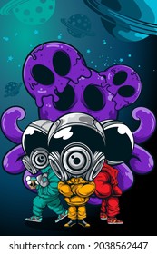 THREE ASTRONAUT WITH OCTOPUS MONSTER IN THE SPACE