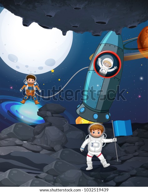 Three astronauts in\
dark space illustration