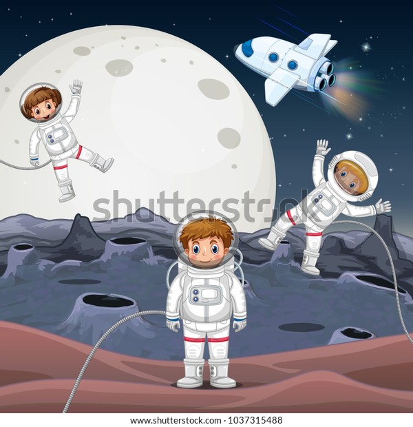 Three astronauts\
exploring space\
illustration
