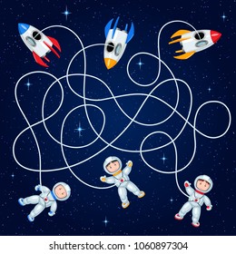 Three astronauts are floating in open space near their missiles. Guess where's the ship? Children's maze game.
