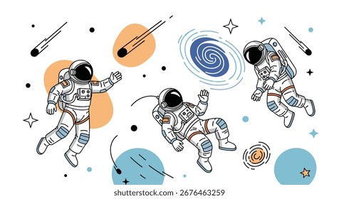Three Astronauts Floating in Outer Space Among Planets Stars and Meteors