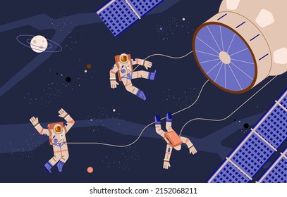 Drei Astronauten fliegen im Weltraum nahe der kosmischen Station flach, waagerechte Vektorgrafik. Charaktere im Weltraum erkunden Kosmos, Planeten und Sterne, Wissenschaft