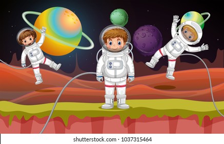 Three astronauts flying in space illustration