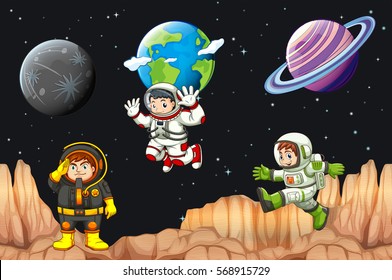 Three astronauts flying in the space illustration