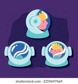three astronauts helmets space icons