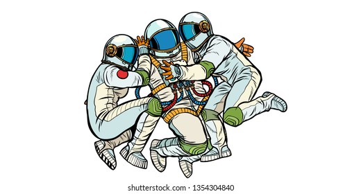 three astronauts hugging. Pop art retro vector illustration kitsch vintage