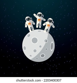 Three astronauts are on the Moon surface. Flat space illustration with moon and astonauts landing on satellite surface.