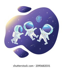 Three astronauts in a spacesuit fly in open space against the backdrop of the starry sky and a blue planet. Space travel and exploration. Vector illustration of a blot in cartoon style.