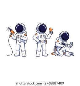 Three astronauts in white space suits performing various tasks, conveying a sense of exploration and teamwork in a futuristic setting, ideal for science and technology concepts.