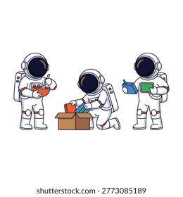 Three astronauts in white space suits unpacking colorful objects from a cardboard box in a teamwork scene