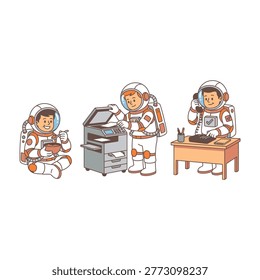 Three astronauts in white space suits working on various equipment and machinery in a sci-fi setting