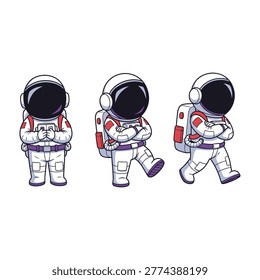 Three astronauts in white space suits with red accents and black helmets walk in line, conveying teamwork and exploration in a futuristic setting for science and technology concepts.