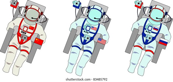 Three astronauts-American, Chinese and Russian